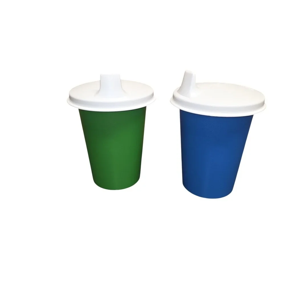 VTG Tupperware 7 Oz Sippy Cups Set Green Blue White Dome Lids BPA‎ Free